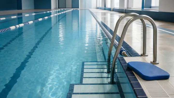 מסלול רדוד ריק עם סולם וקרש ציפה סמוך לדופן