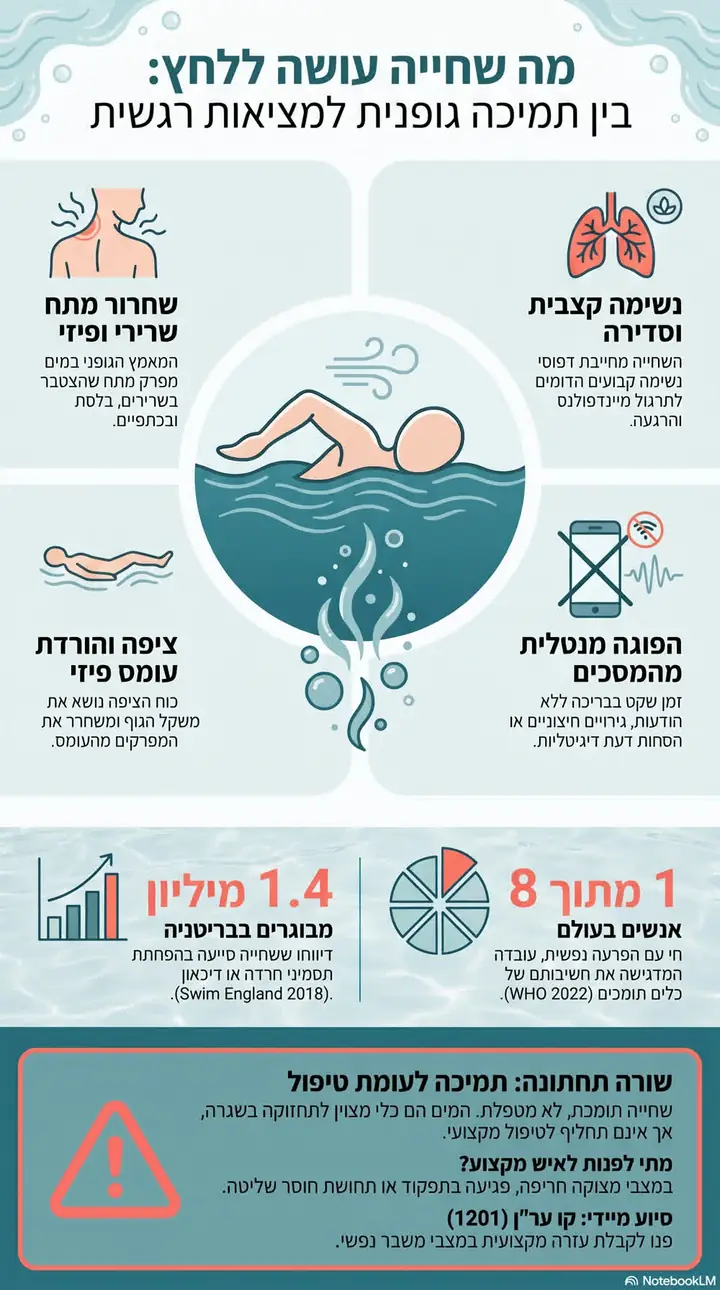 אינפוגרפיקה: מה שחייה עושה ללחץ — ארבעה מנגנוני הרגעה: שחרור מתח שרירי ופיזי, נשימה קצבית וסדירה, ציפה והורדת עומס פיזי, הפוגה מנטלית מהמסכים; נתונים: 1.4 מיליון מבוגרים בבריטניה (Swim England 2018), 1 מתוך 8 אנשים בעולם (WHO 2022); שורה תחתונה: שחייה תומכת, לא מטפלת — במצבי מצוקה חריפה פונים לאיש מקצוע או לקו ער